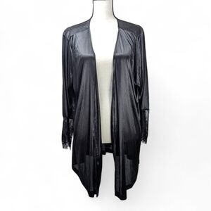 Black Satin Robe Lace Trim 3/4 Sleeve One SIze